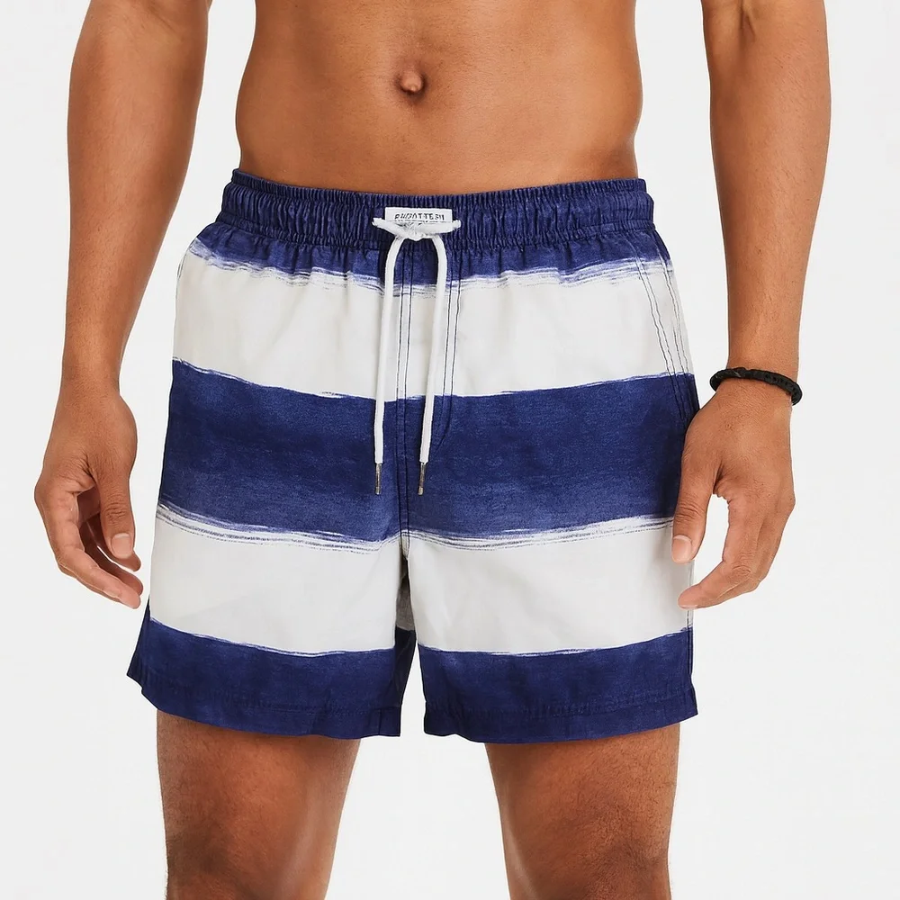 American Eagle men’s small blue and white striped swim trunks board shorts